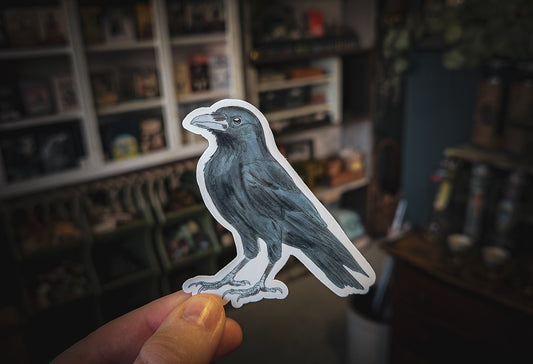 Sticker of a bird held in front of a bookshelf